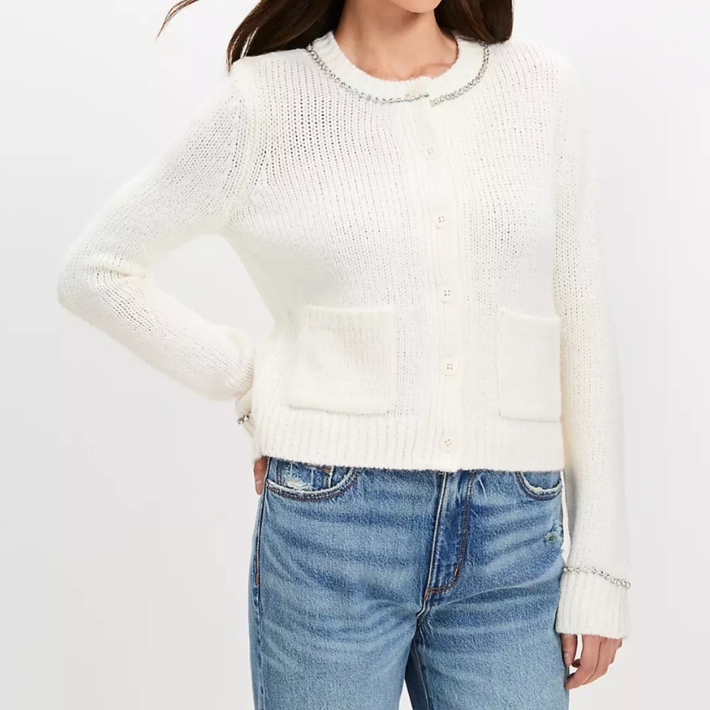 LOFT Ivory Chunky Knit Rhinestone Cardigan Ribbed Cuffs - XL